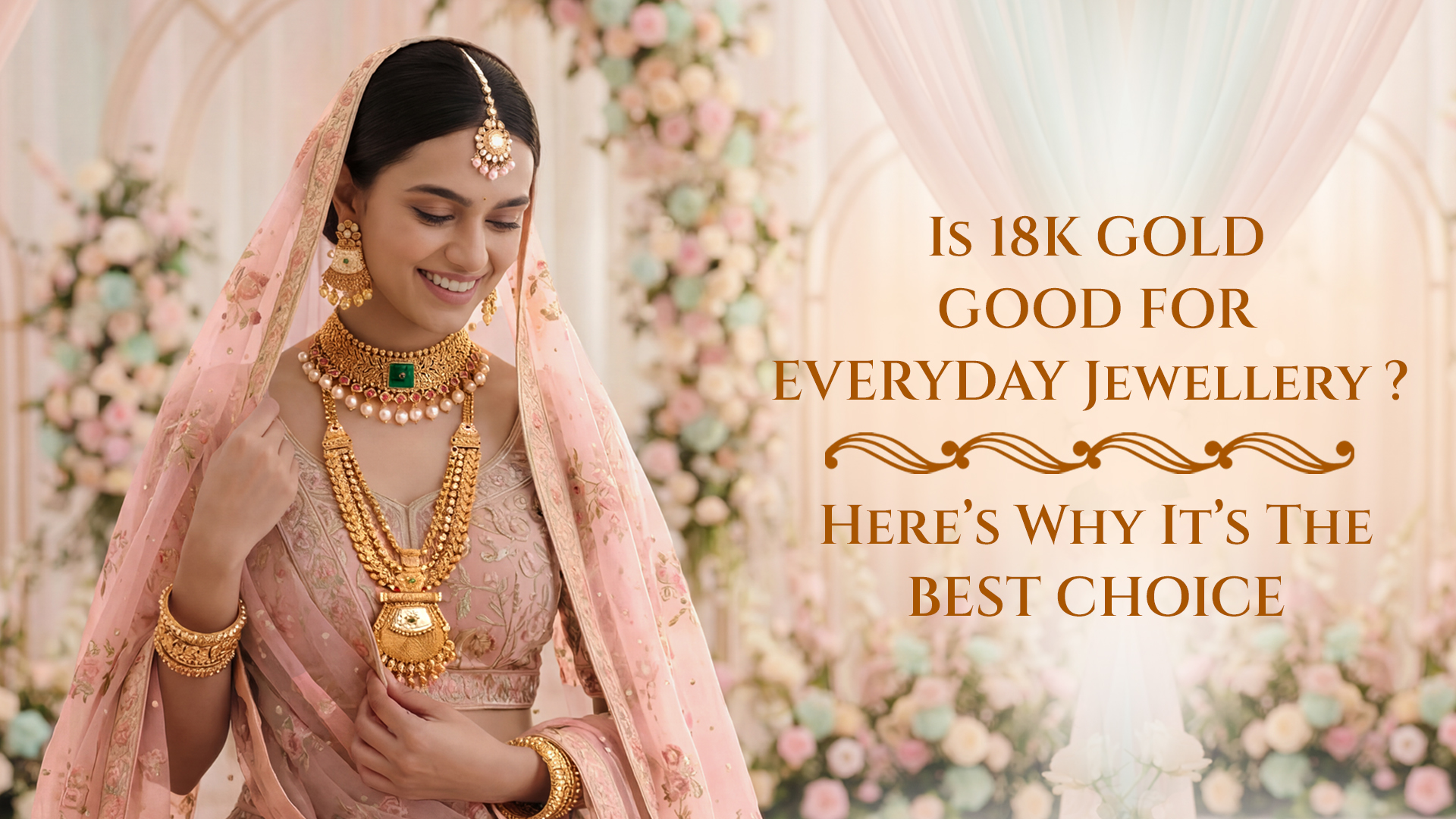 18K gold everyday jewellery showcased on a woman in traditional attire for blog cover.